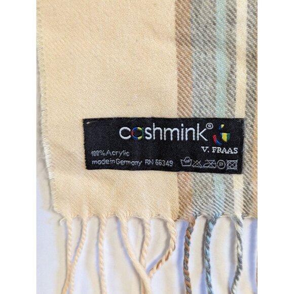 V. Fraas Cashmink Plaid Scarf Made In Germany Beige Cream & Blue 52x11 - Picture 3 of 5